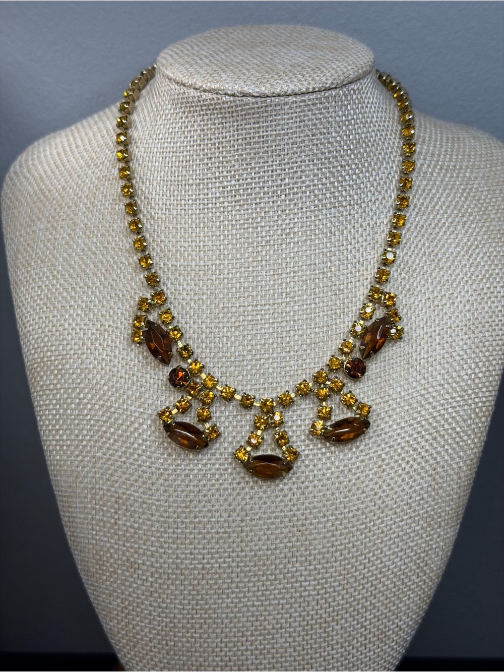 Vintage Gold-Tone Amber Crystal Statement Necklace
